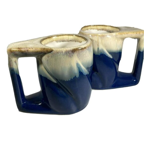 Rodolfo Padilla Pottery Mexico Drip Stoneware Blue Beige Mugs Set of 2 - Picture 2 of 6